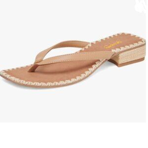 XYD Light Tan Open Toe Woven Flip Flops Summer Chunky Low Heel Thong Sandals